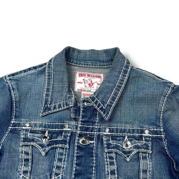 True Religion Women’s Disco Emily Big T Denim Jacket Size S Rainstone Button Y2K - Picture 3 of 13